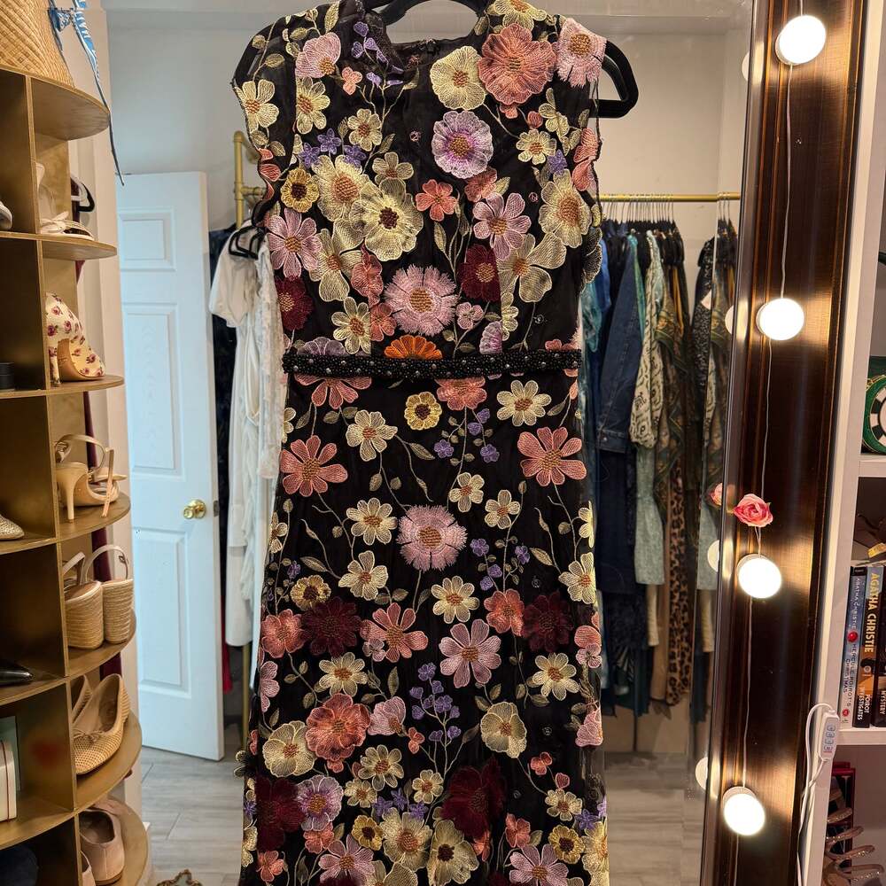 Mac Duggal High Neck Floral Embroidered A-Line Midi Dress